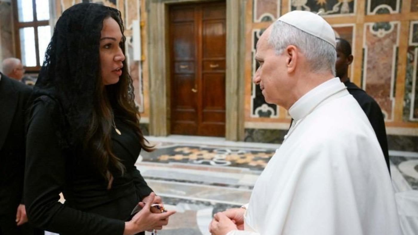 Megan Garcia speaks with Pope Leo XIV inside the Vatican.