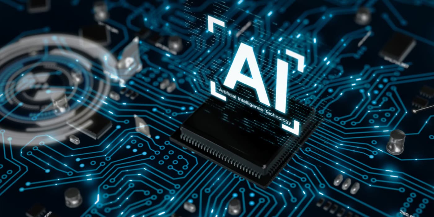 A computer chip marked AI sits on a glowing circuit board.