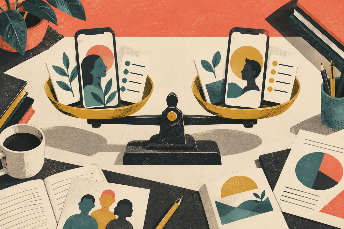 A screen-print illustration balances two mental-health apps and their evidence on a research scale.