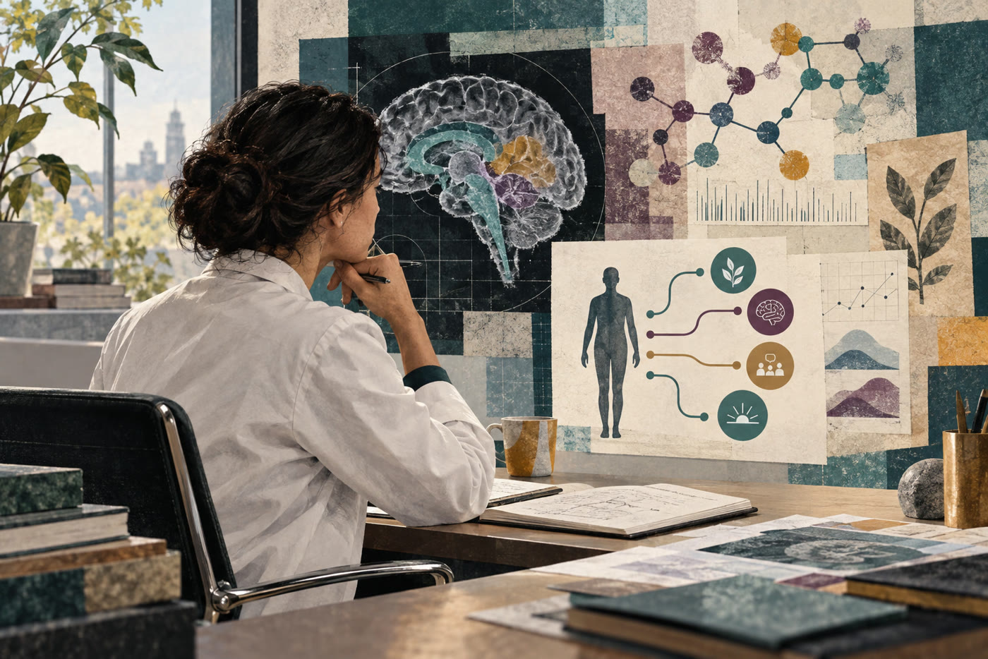 A mixed-media illustration shows a clinician reviewing brain, molecular and patient-specific evidence.