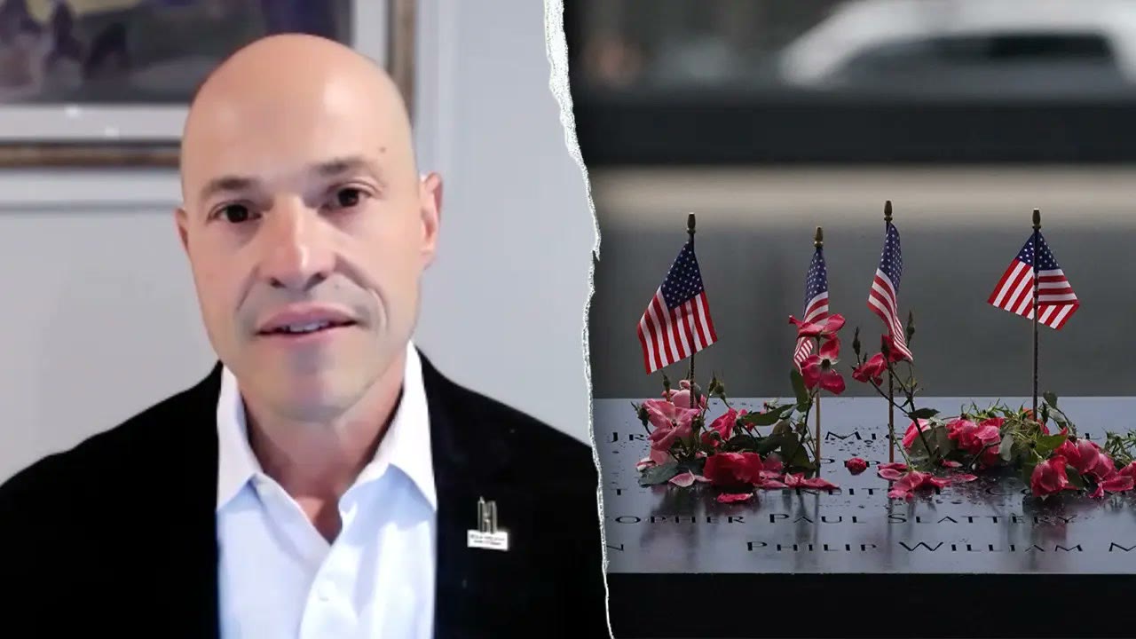 Rob Fazio speaks during a video interview with family and memorial images behind him.