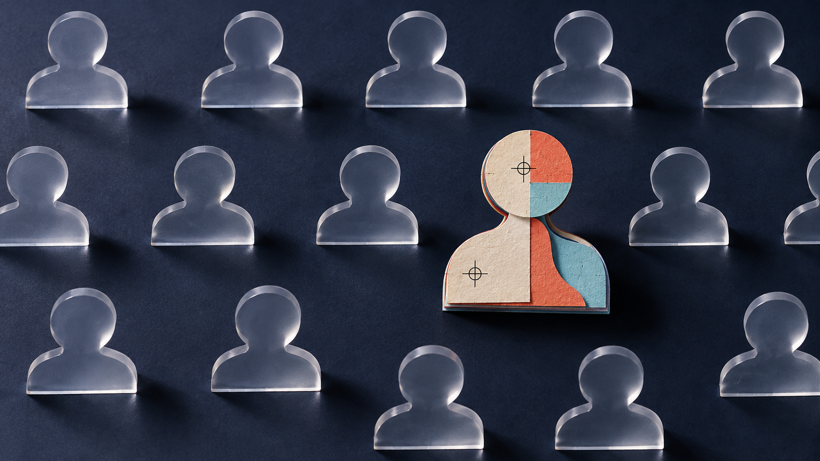 Translucent profile tokens surround one layered paper persona marker on a dark indigo field.
