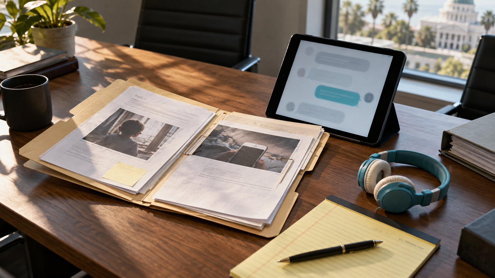 A case file, tablet with abstract chat bubbles and headphones on a sunlit conference table.