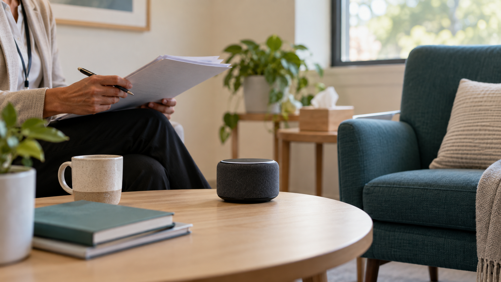 A clinician reviews a paper care plan beside a tabletop voice interface in a consultation room.
