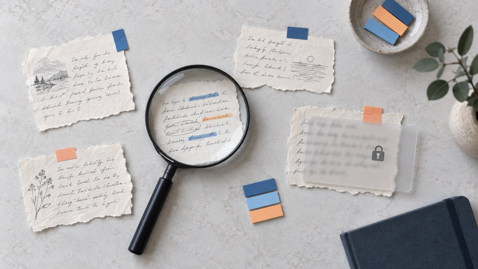 Anonymous journal fragments, a magnifying lens and a translucent privacy overlay on a pale stone surface.