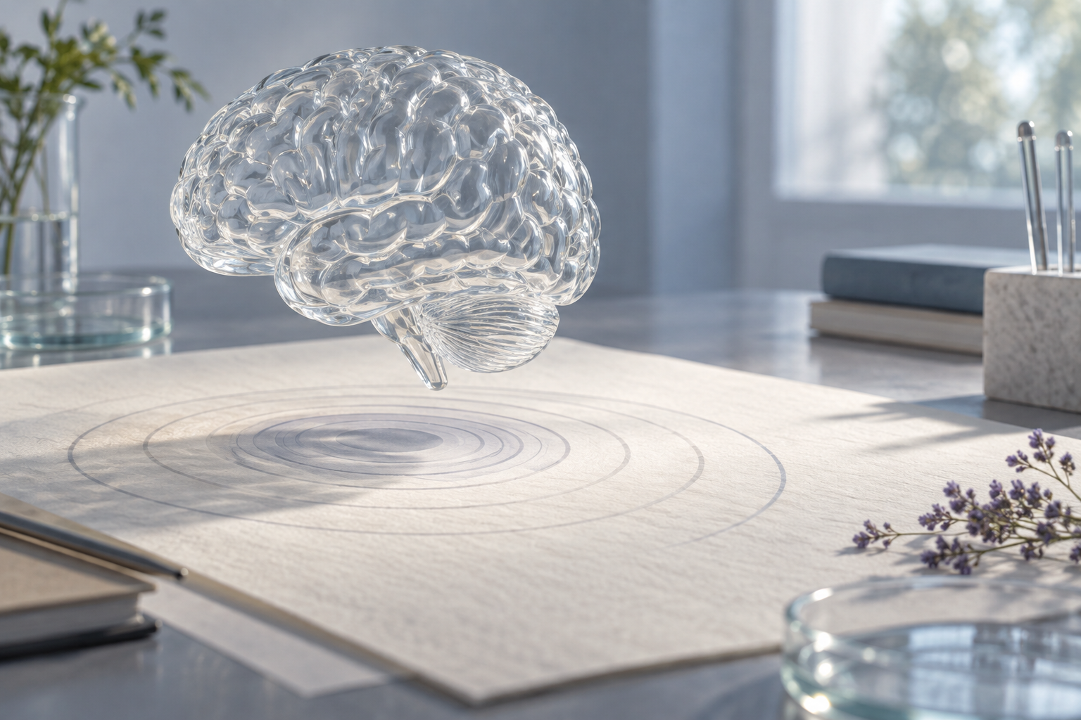 A translucent glass brain form hovers above concentric measurement rings cast onto paper on a research bench.
