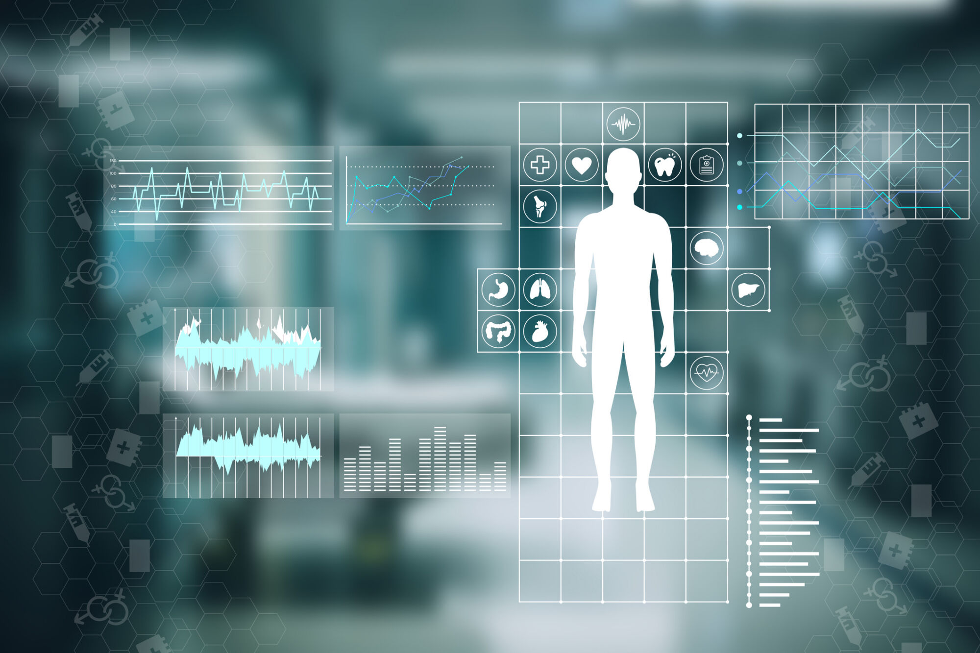A white human silhouette is surrounded by pale health icons and abstract data charts over a blurred clinical background.
