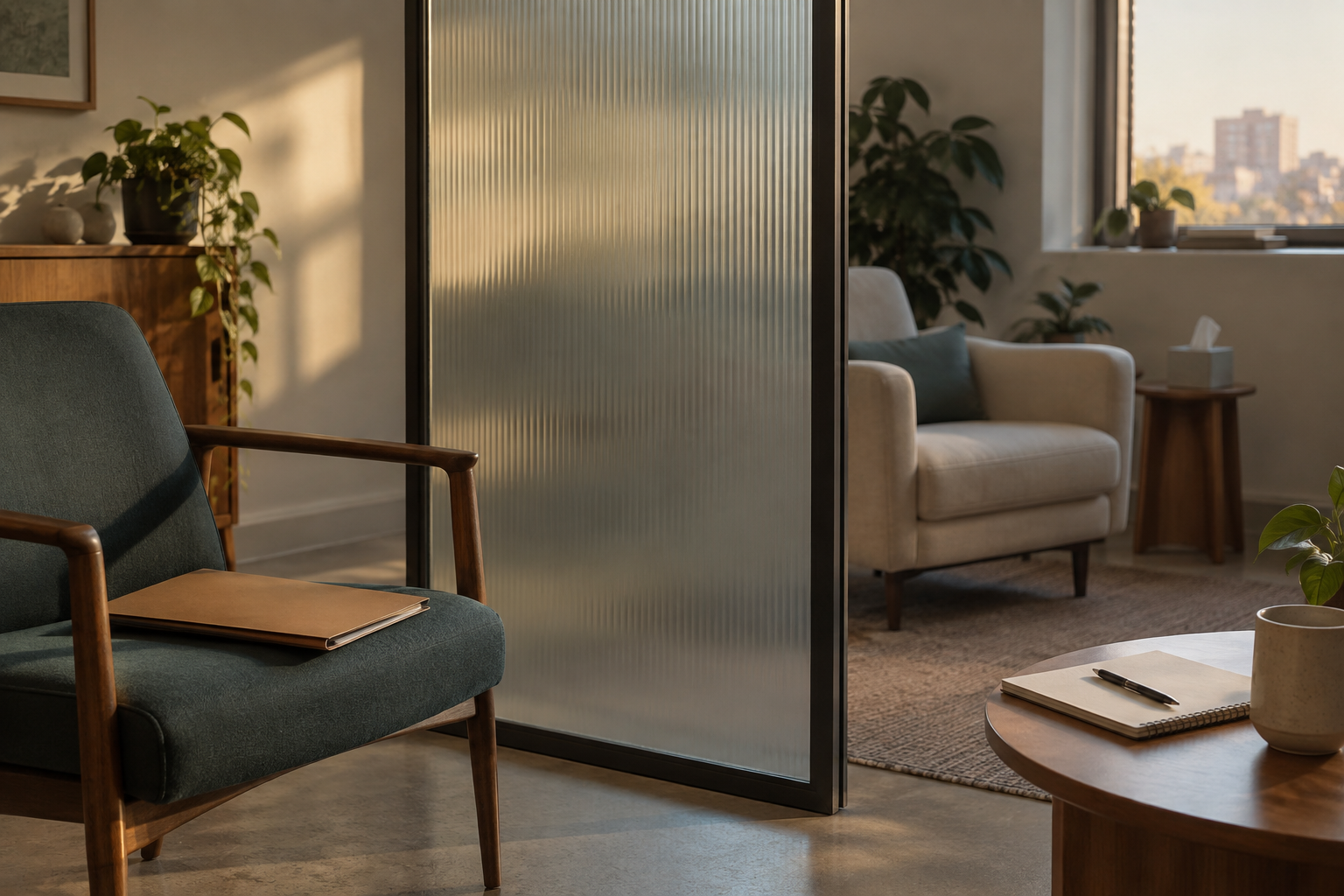 An empty therapy consultation room divided by a frosted glass partition, with a folder and notebook waiting on separate chairs and tables.