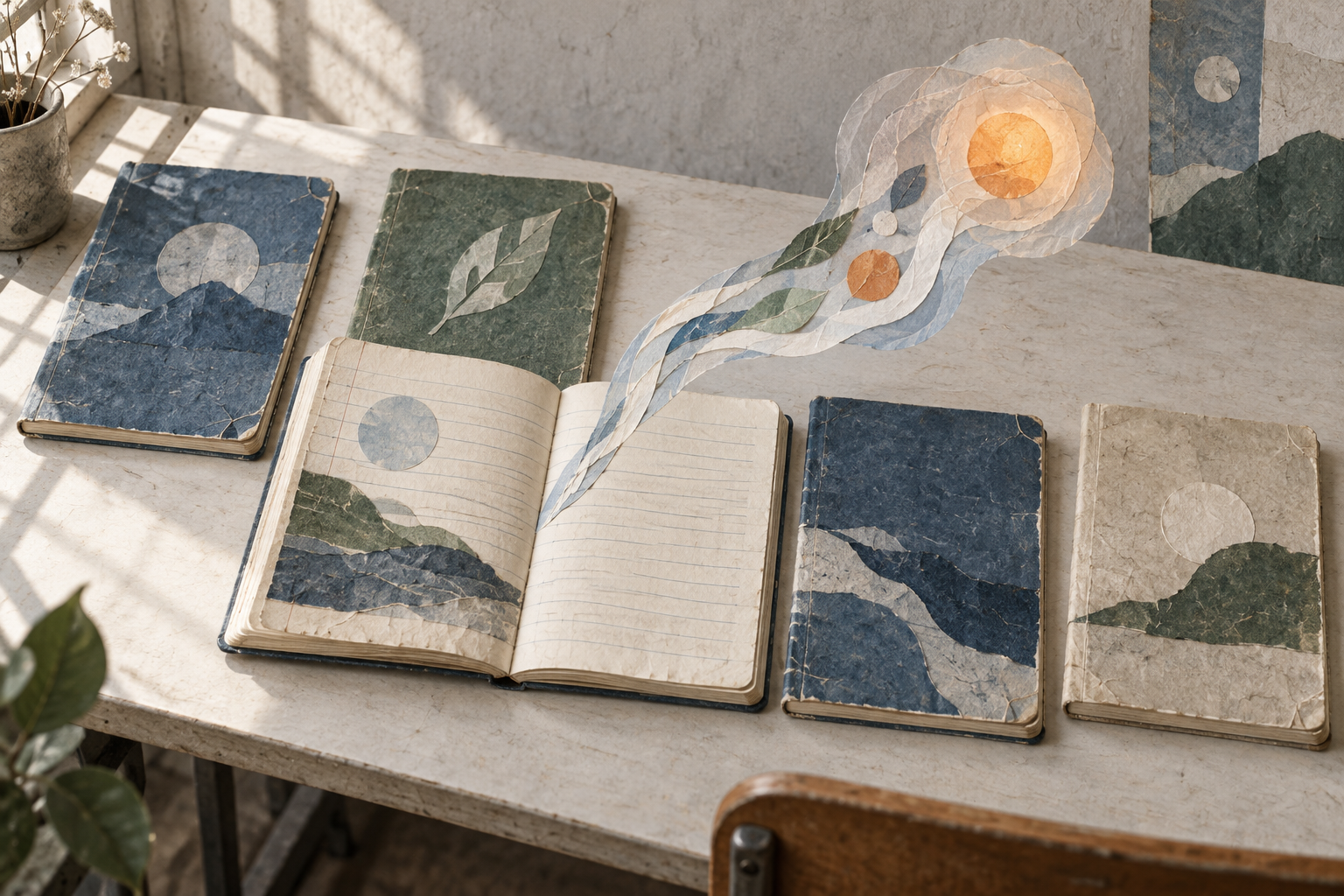 Five worn school notebooks on a desk, one open with a translucent paper conversation thread weaving upward.
