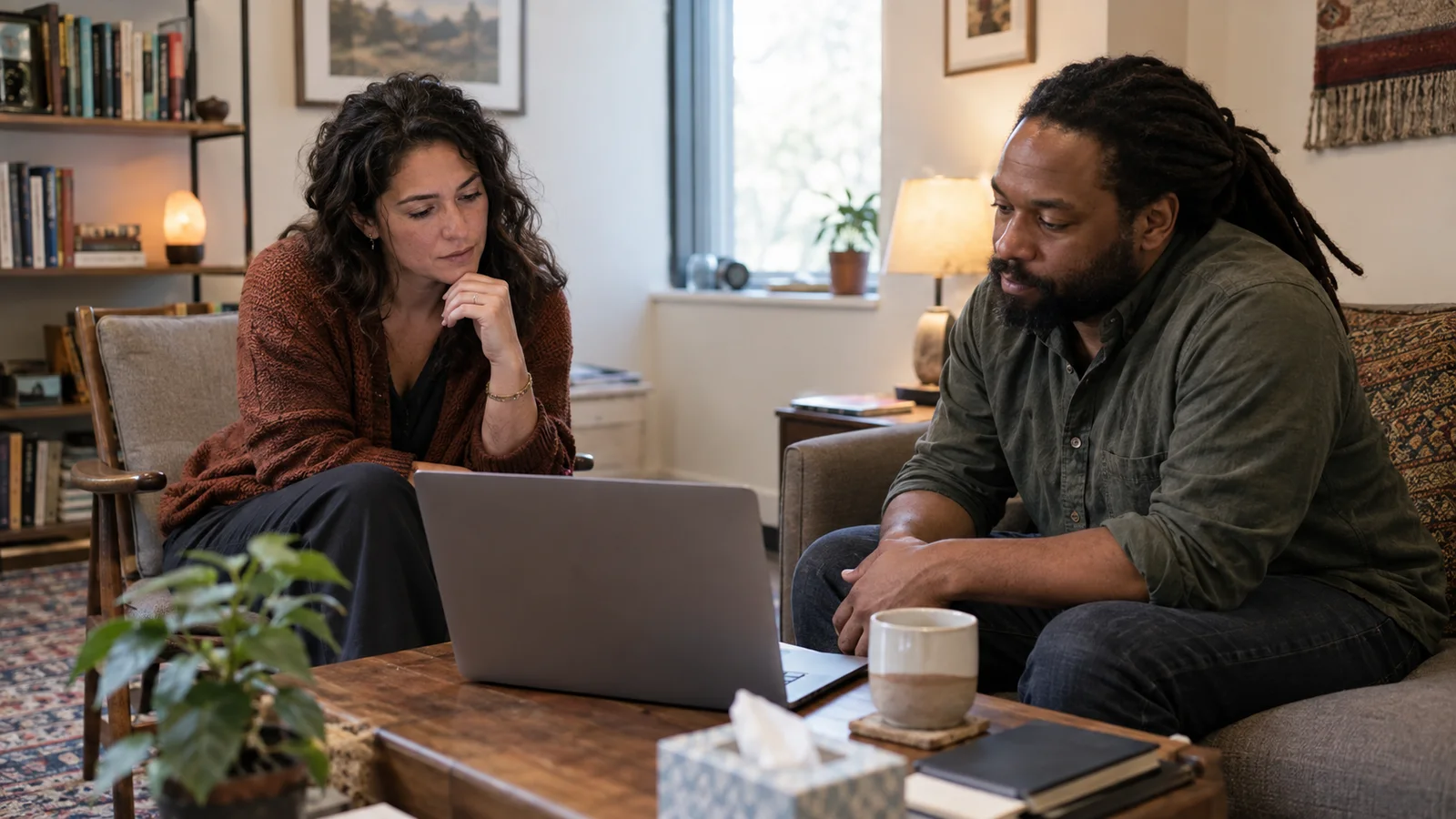 A therapist and client review AI-generated material together on a laptop.