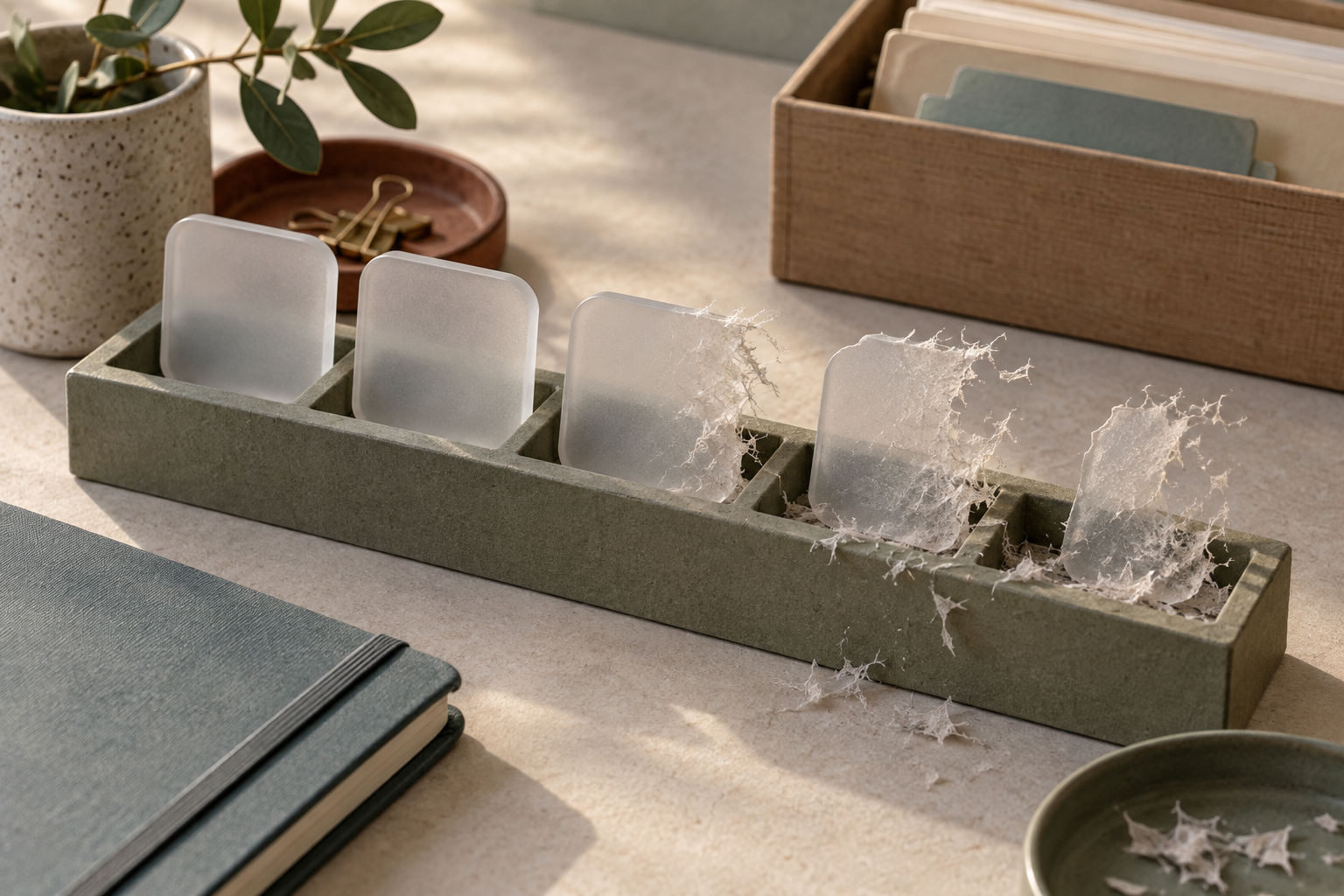 A physical organizer holds five frosted app-shaped tiles, with three dissolving into fine paper fibers while two remain intact.