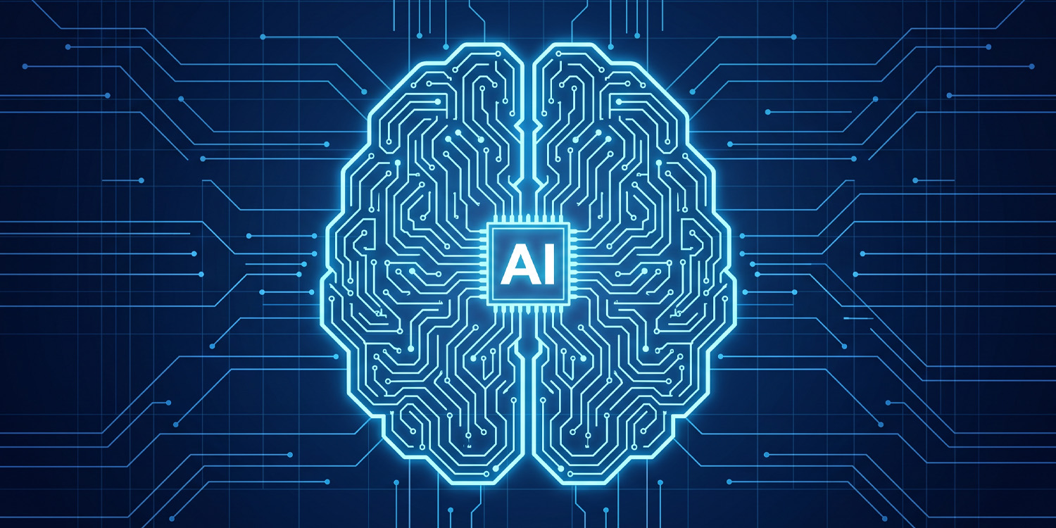 Glowing circuit-board illustration shaped like a brain around a central AI chip.