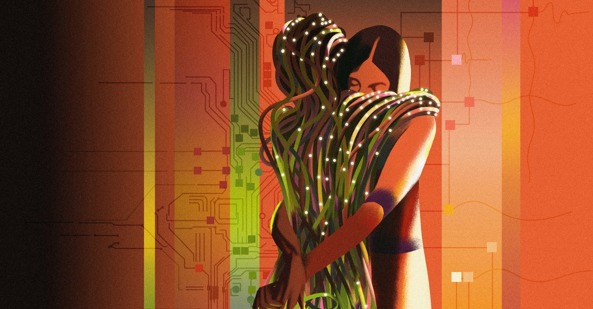 Illustration of a woman embracing a human-shaped figure made of glowing wires.