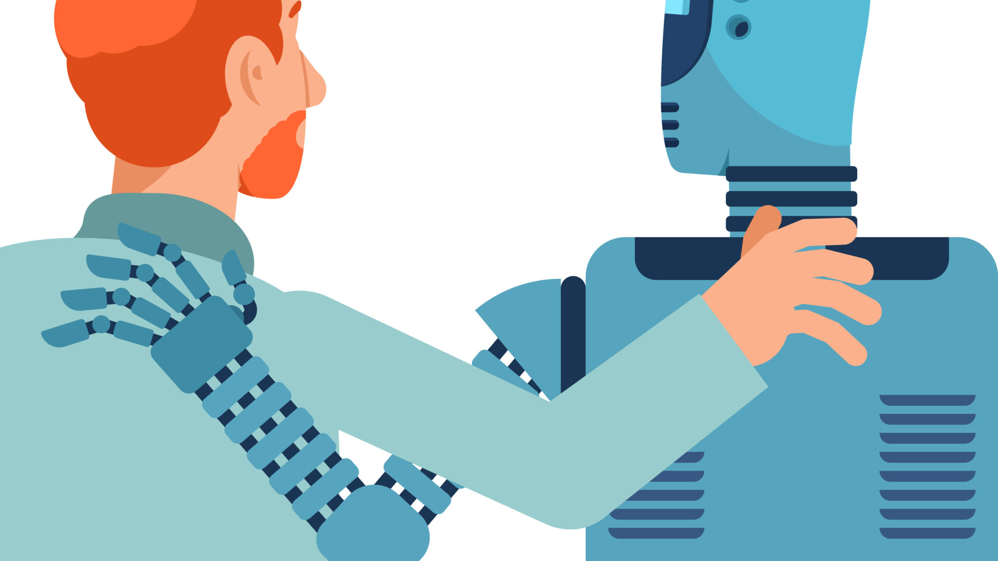 Illustration of a person and a humanoid robot embracing one another.